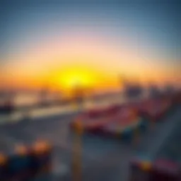 A panoramic view of Jebel Ali Port at sunset, showcasing its vast container terminals and cranes