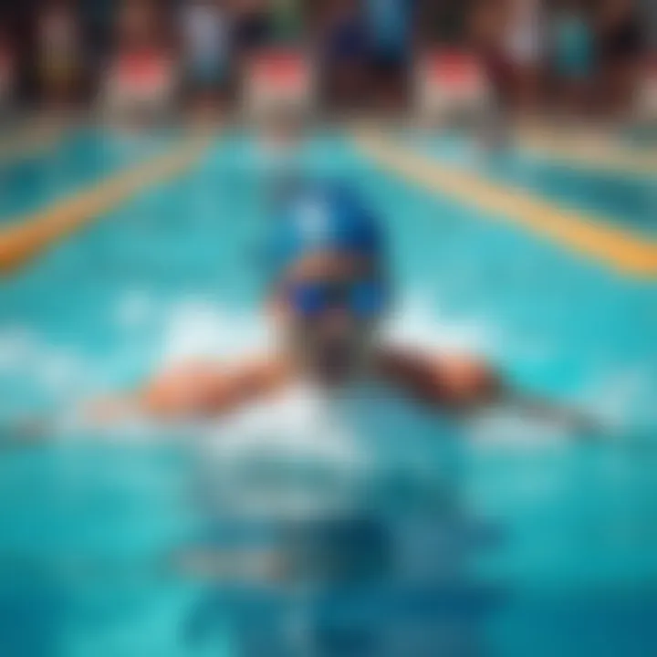 An adult participating in a swimming fitness class with energetic atmosphere