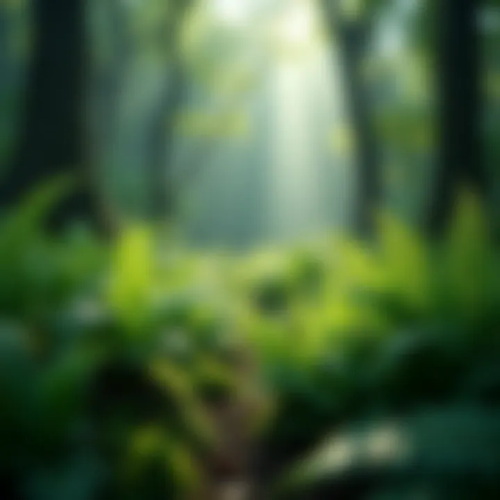 A serene forest environment where ferns thrive under the canopy.