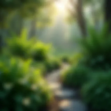 Artistry in Nature: Ferns Enhancing Garden Landscapes An artistic arrangement of ferns in a landscaped garden setting.