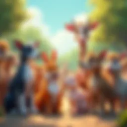A vibrant scene showcasing diverse animals at the pet farm