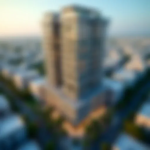 Aerial view of Meera Building showcasing its unique architectural design