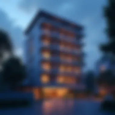 Meera Building at Dusk Evening view of Meera Building illuminated, blending with the urban landscape