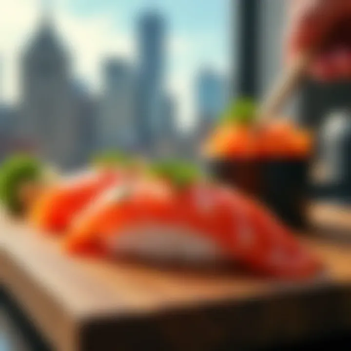 An artistic representation of sushi elements integrated into a Detroit cityscape.