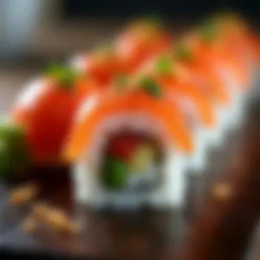 A close-up of a sushi roll, highlighting intricate details and fresh ingredients.